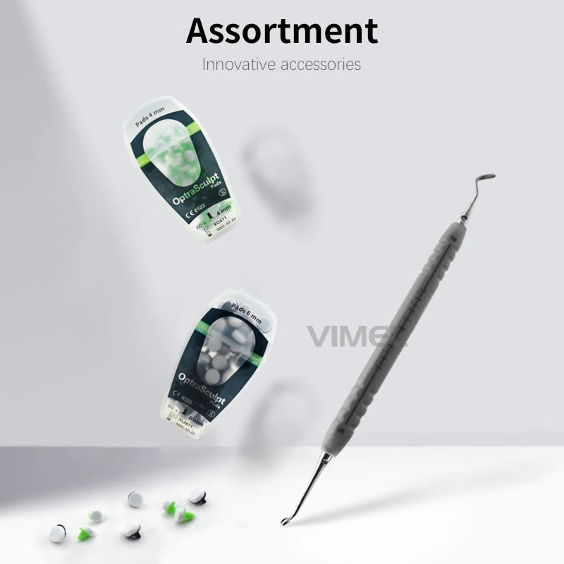 Dental Composite Modeling Kit with Listed Stainless Steel Handle and Foam Pad Attachments, 17cm Length and 4mm/6mm References for Material Shaping
