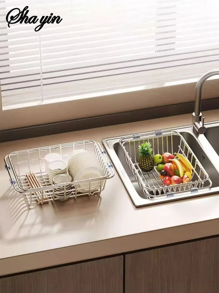 Telescopic Sink Drain Basket, Stainless Steel Expandable Dish Drying Rack with Medium or Large Size Options for Kitchen Cups, Plates and Produce Rinsing