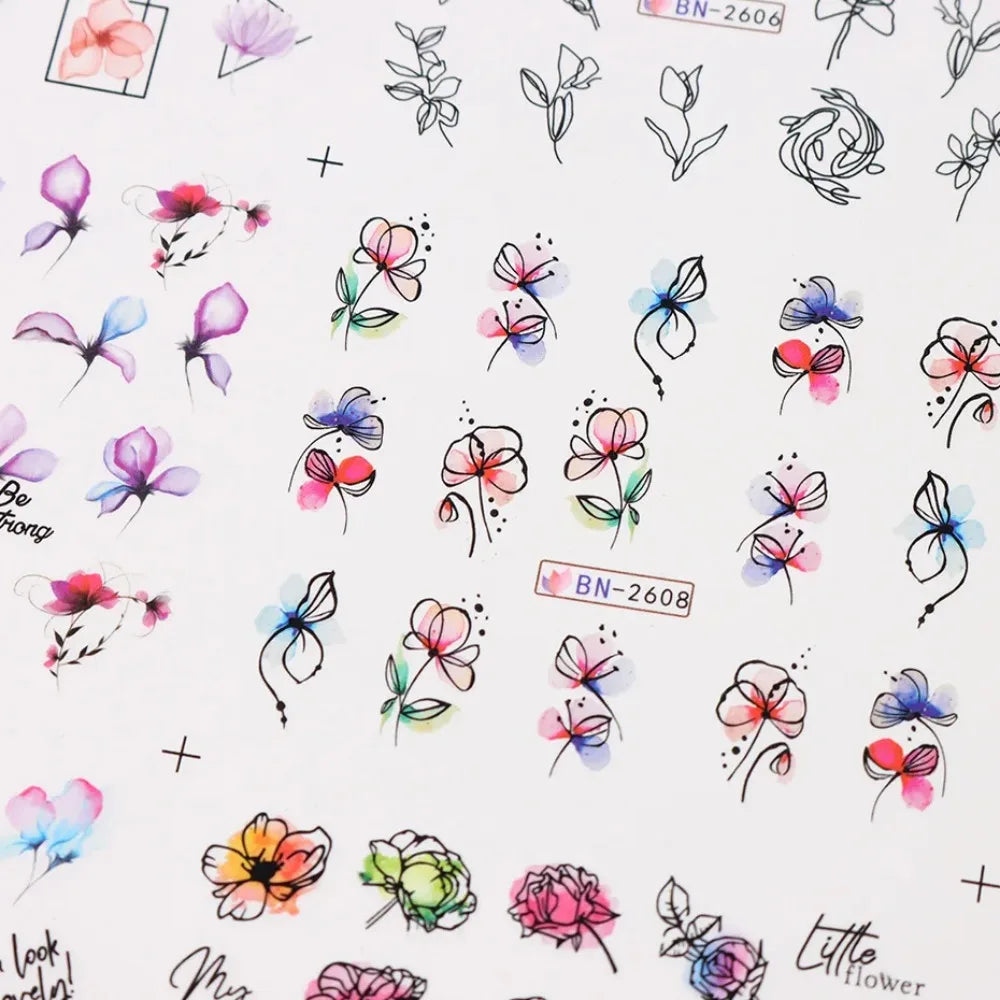 Water Transfer Nail Decals, BN2605-2616 Nail Art Slider Stickers for DIY Manicure Decoration, At-Home Styling and Seasonal Nail Design Ideas