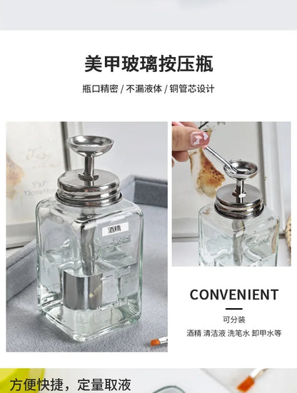Glass Nail Liquid Pump Bottle 180ml, Empty Press-Top Dispenser for Compatible Manicure Cleansing Liquids and Nail Polish Remover at Home or Salon Stations
