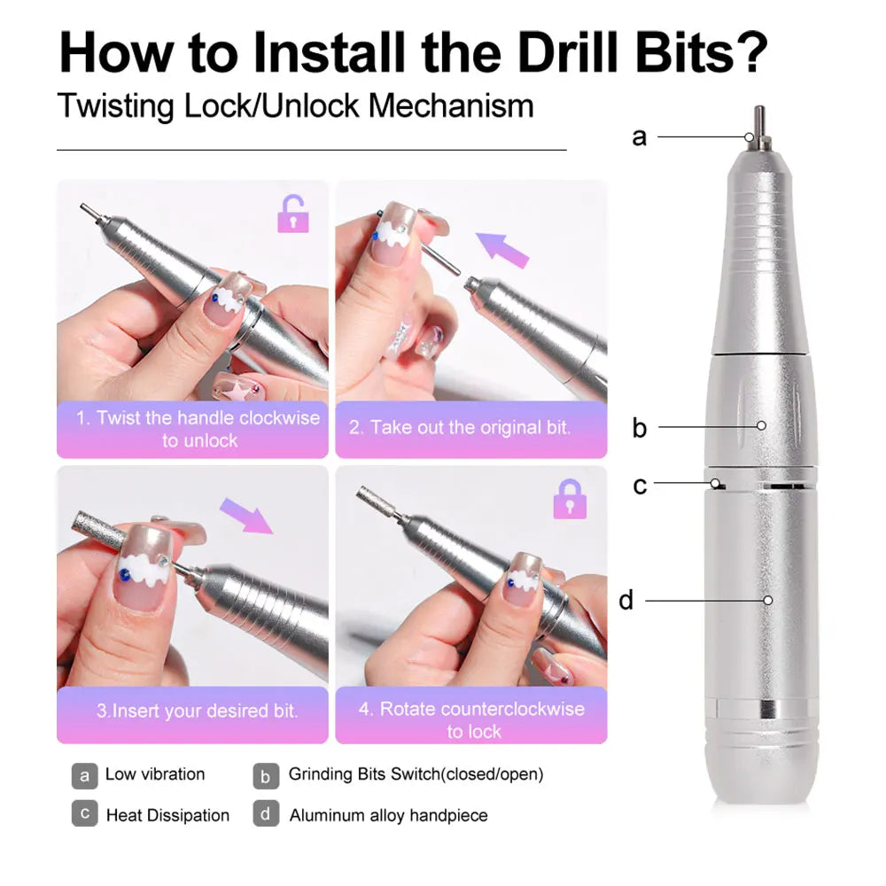 Portable Nail Drill V2 with Listed 45,000 RPM Adjustable Speed, 1800mAh Rechargeable Battery, LCD Display and Six Bits for Acrylic and Gel Manicures