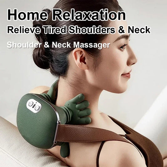 Green Rechargeable Neck and Shoulder Massager with Hands-Free Shawl Design, 3 Kneading Modes, USB Type-C Charging and 10-Minute Timer