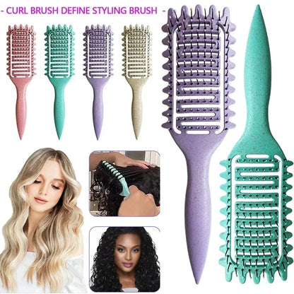 Curl Styling Detangling Brush with Hollow Vented Design, Wheat Straw and Nylon Materials, Single 24cm Hair Tool in Purple, Pink, Beige or Green