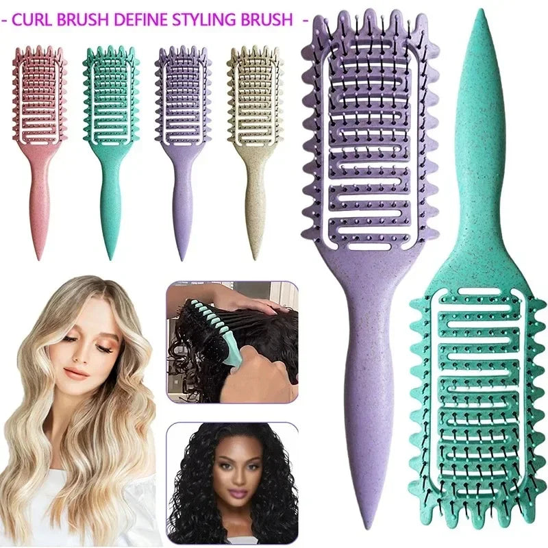 Vented Curl Defining Brush with Listed Wheat Straw and Nylon Materials, 24cm Single Detangling Styling Tool in Purple, Pink, Beige or Green for Home Hair Care