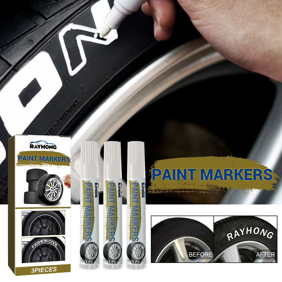 White Tire Lettering Paint Pens, Oil-Based Fine Round Tip Markers with Three Pens per Box, 1Box, 3Box or 5Box Options for Compatible Automotive Detailing