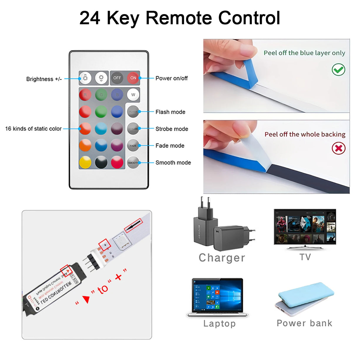 IR Remote RGB LED Strip Lights with 24-Key or 44-Key Control, 5V USB Tape Lighting in Six Length Options for Bedroom Decor and TV Backlighting