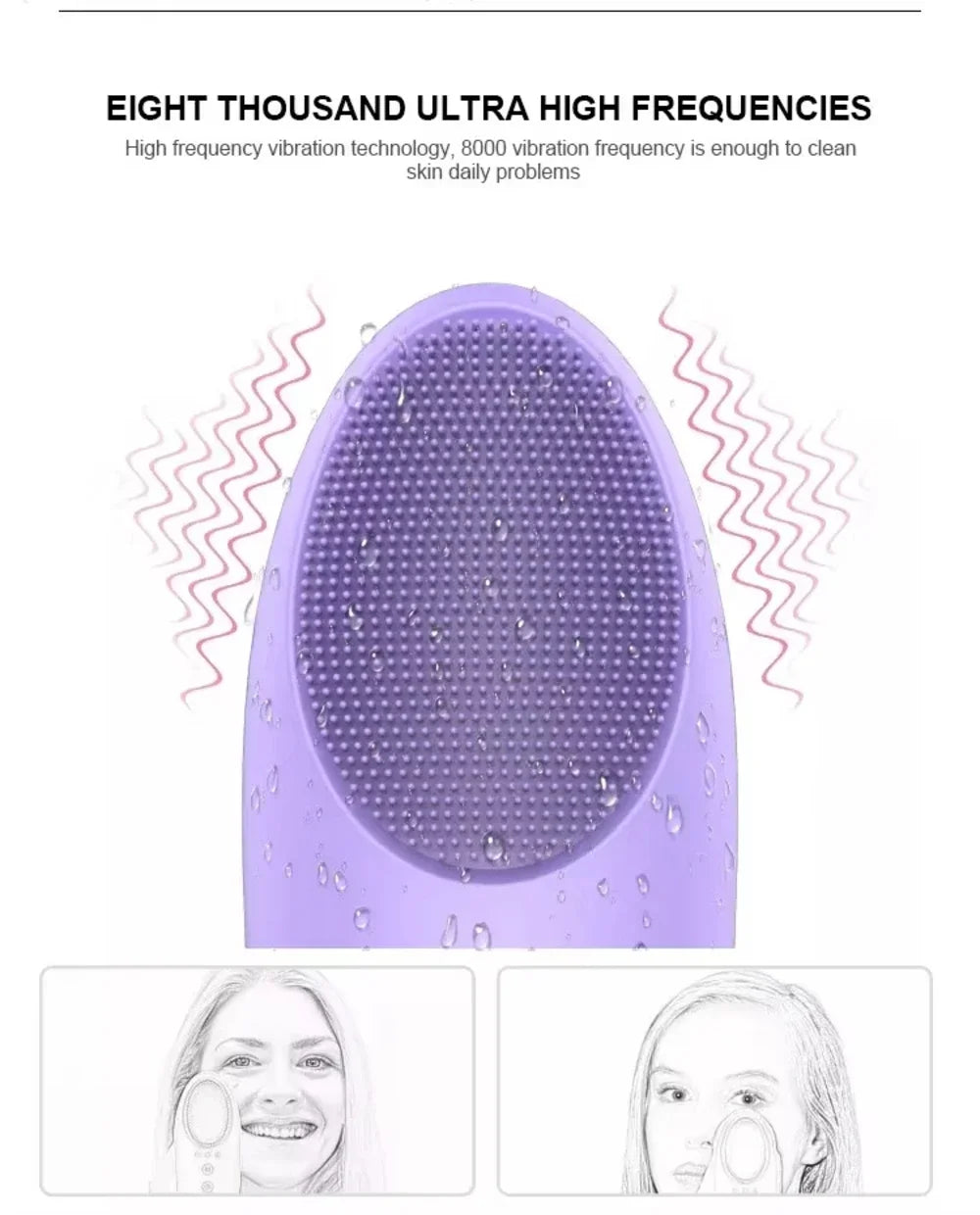 Heated Facial Cleansing Brush with USB Charging and Three Mode References, Silicone, Bristle and Rolling Head Descriptions with Three Single-Piece Option Labels