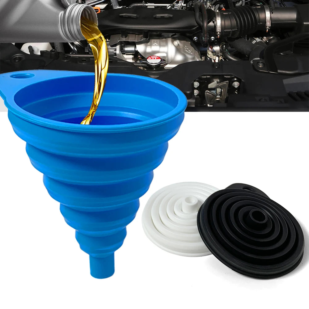 Collapsible Silicone Car Funnel for Compatible Liquid Transfer, Small 6cm or Large 8.5cm Width with 1, 2 or 4-Piece Choices and Foldable Garage Storage Design