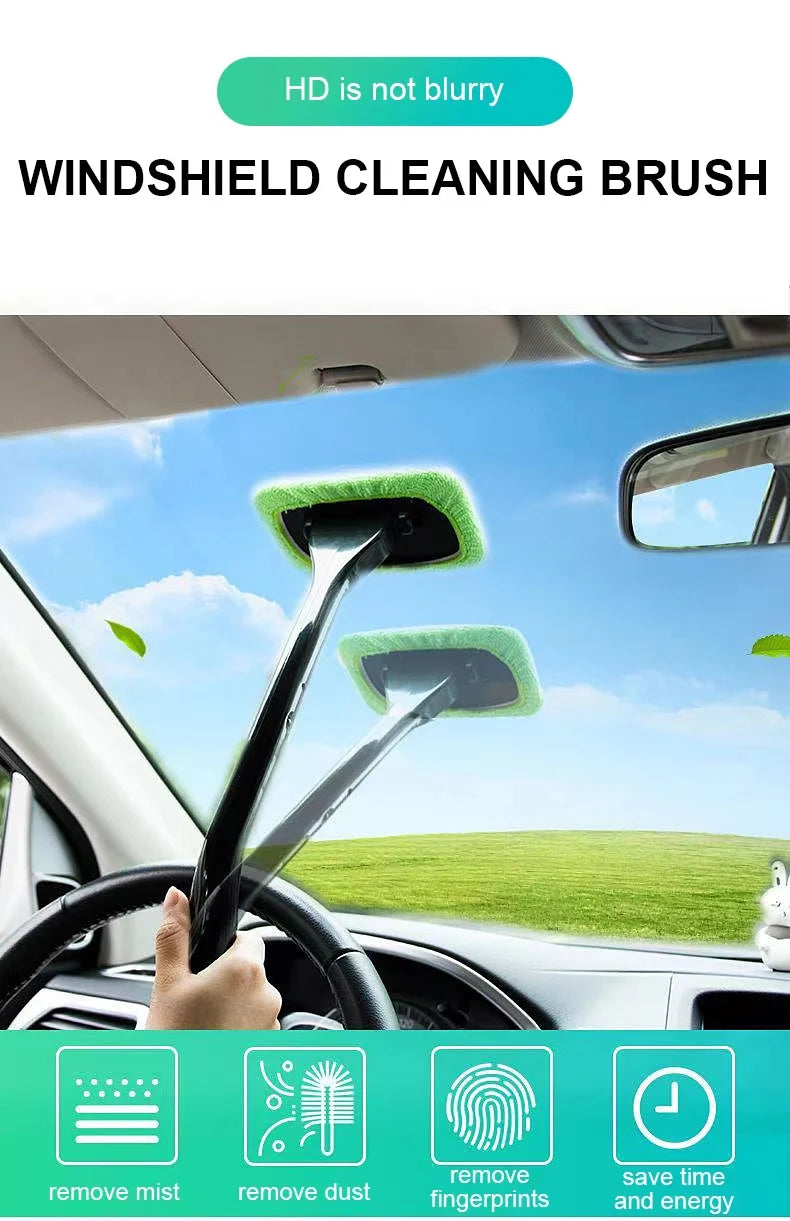 Car Windshield Cleaning Wand with Washable Microfiber Bonnet and Long Handle for Interior Auto Glass Care, Color Choices and Blue Three-Cloth Option