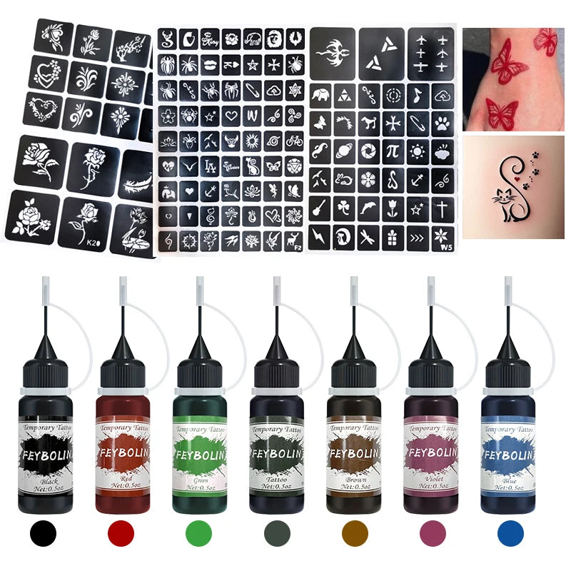 Temporary Tattoo Painting Gel for Freehand Body Art, Listed 0.5 oz Tattoo Paste with Seven 4pcs Style Labels for Adult Party and Costume Looks