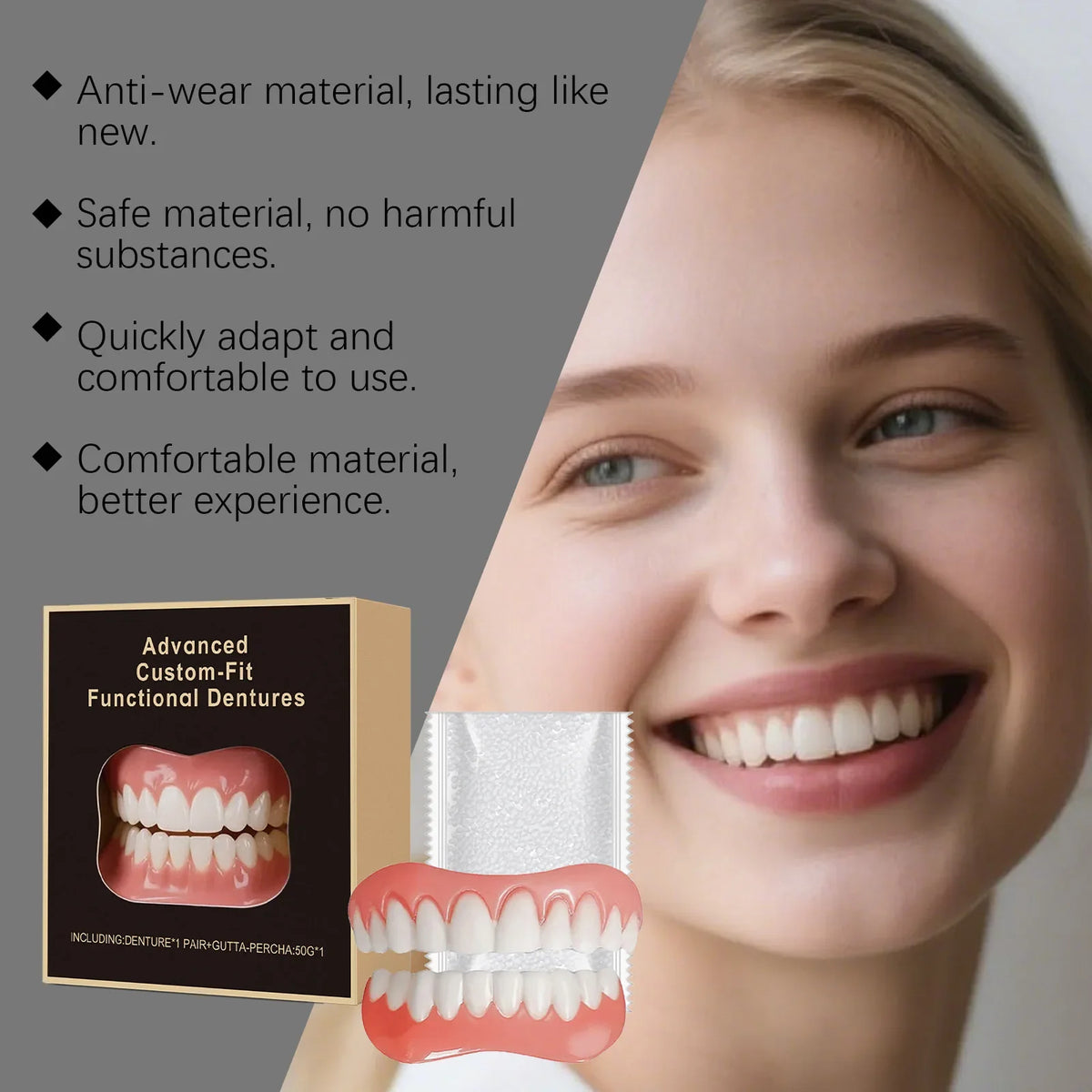 Boxed False Teeth Kit, Denture-Style Upper and Lower Cover Listing with 1, 2 or 3 Set Options for Adults Requiring Professional Dental Fit Review
