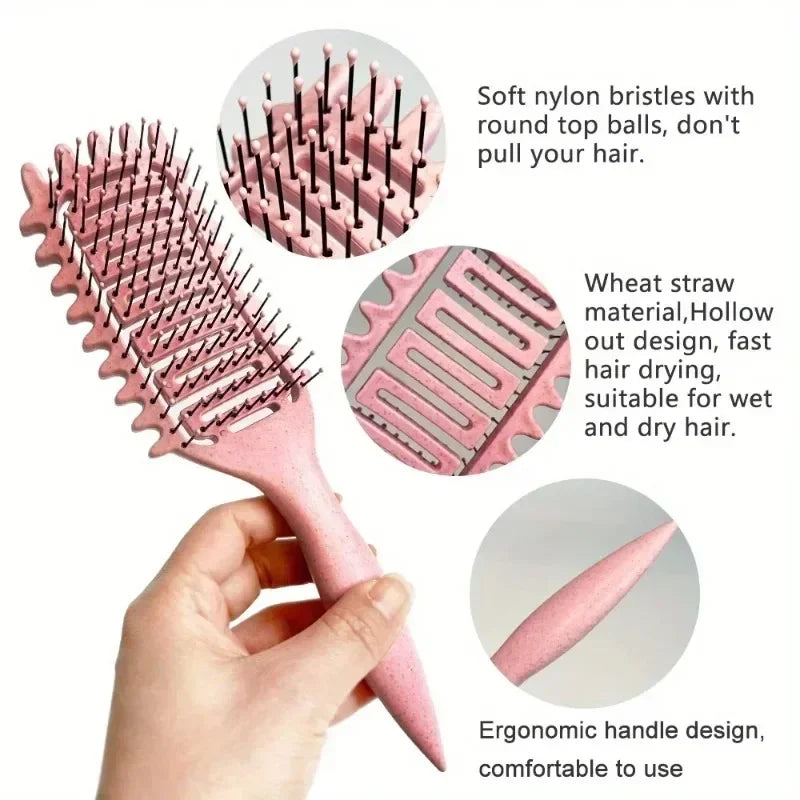 Vented Curl Defining Brush with Listed Wheat Straw and Nylon Materials, 24cm Single Detangling Styling Tool in Purple, Pink, Beige or Green for Home Hair Care