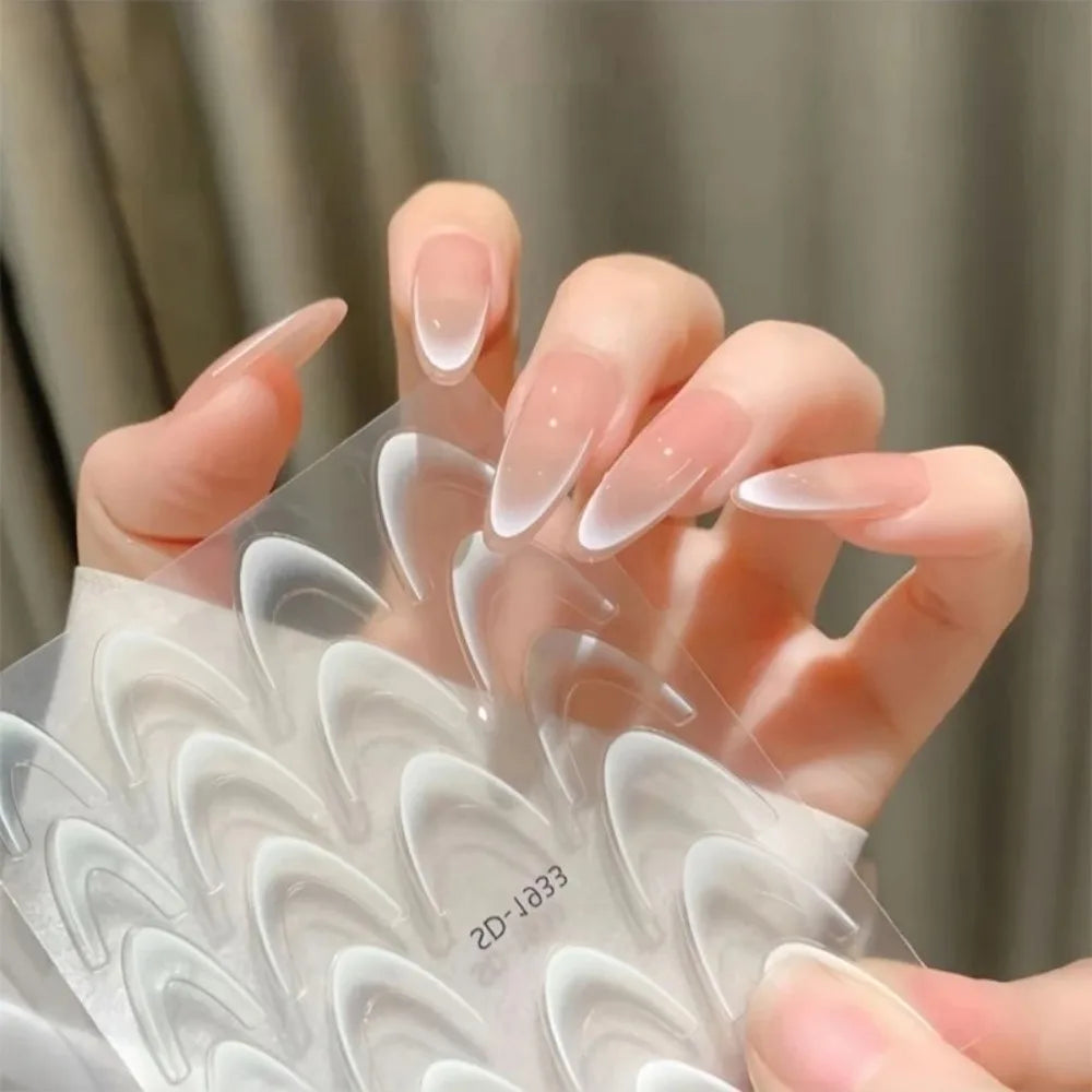 French Gradient Line Nail Art Stickers, White and Black Self-Adhesive 3D Decals for Natural, Acrylic and Artificial Nails, DIY Home and Salon Manicures