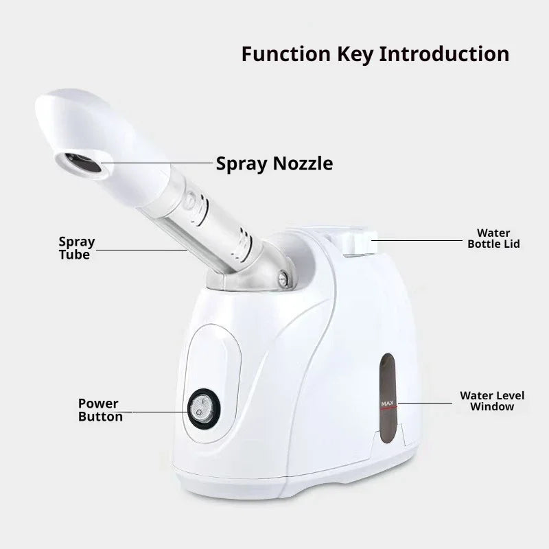 Rotating-Outlet Facial Steamer in White, 100ml Hot Steam Device with Extended Arm and Aroma Compartment for Home Beauty Routines, US or EU Options