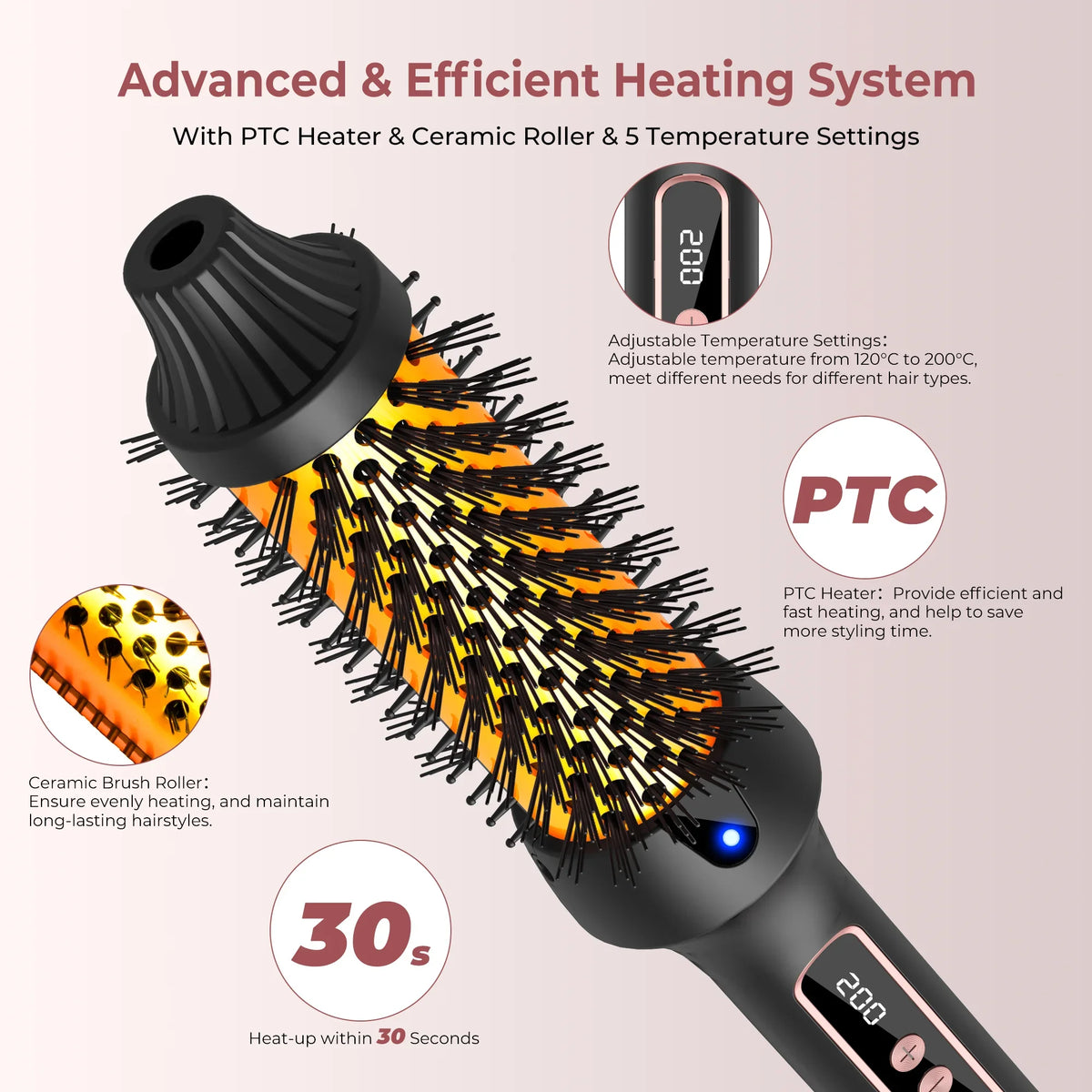 Ionic Heated Styling Brush with 38mm Barrel, Listed Dual PTC Heating, Nine Heat Settings and 60-Minute Auto-Off for Curling and Straightening, US Plug Option