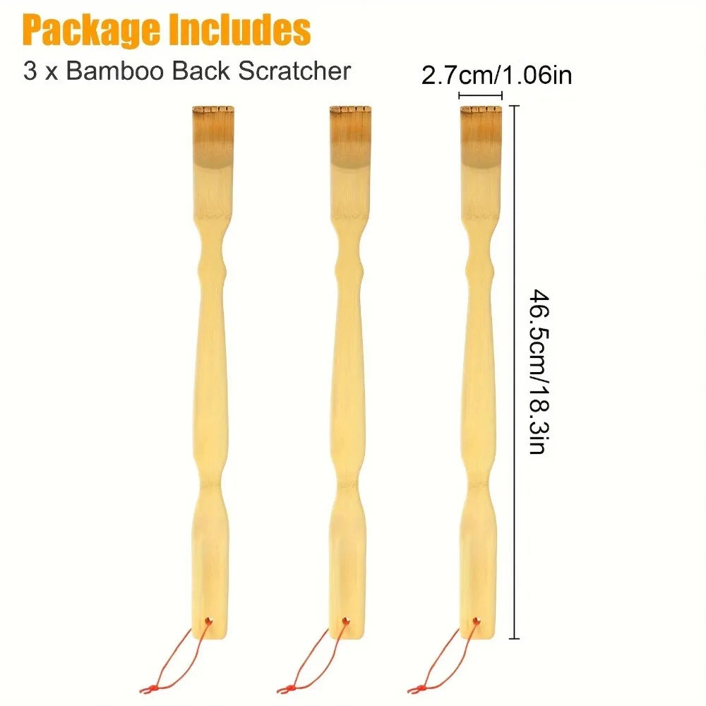 Bamboo Back Scratcher Set of Three with Listed 18.3 Inch Long Handles, Battery-Free Manual Personal Care Tools for Adult Home Use and Practical Gifts