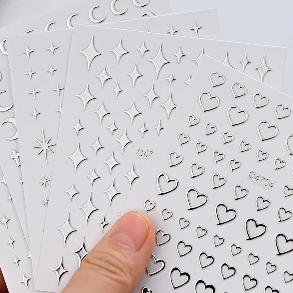 Silver Star Nail Stickers, 6 Sheets of Metallic 3D Self-Adhesive Chain and Heart Nail Art Decals for DIY Manicures, Party Looks and Salon Decoration
