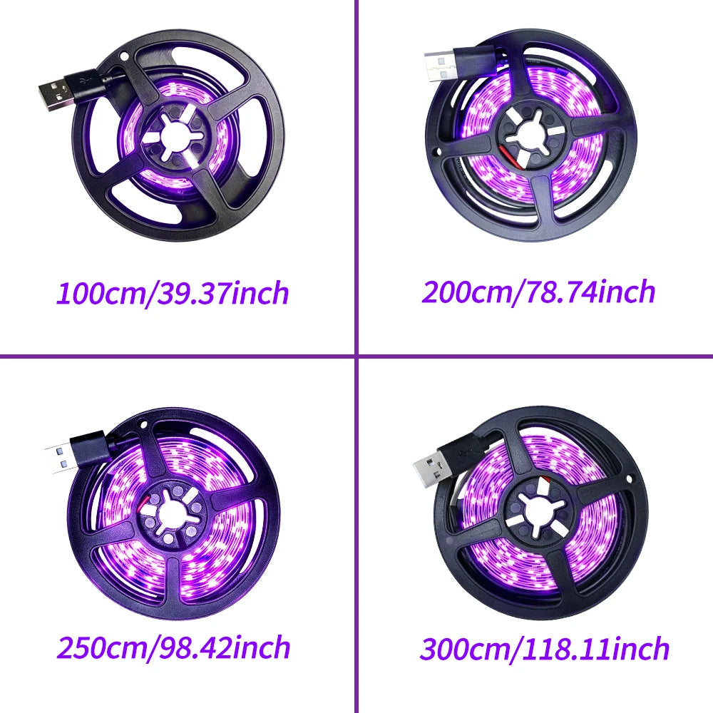 Blacklight LED Strip with 5V USB Power and Listed 60 LEDs per Meter, Eleven Length Options for Fluorescent Posters, Party Decorations and Indoor Glow Displays