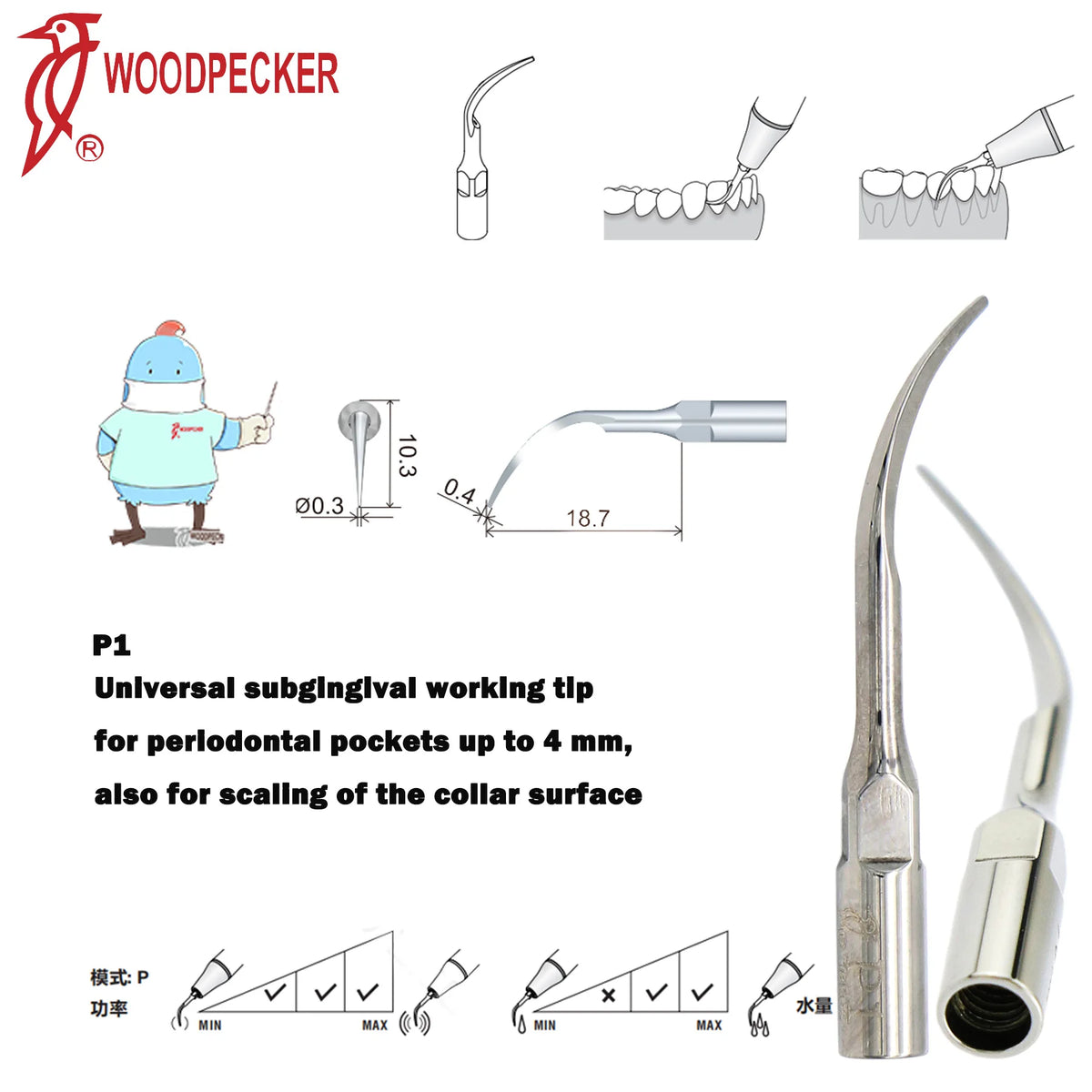 Ultrasonic Scaler Handpiece and Tip Options by Woodpecker, HW-5L LED Handpiece or P, E and G Series Tips for Compatible Dental Equipment