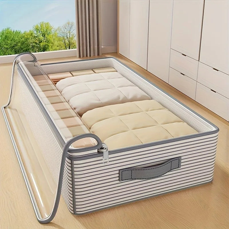Non-Woven Bedding Storage Bag with Clear Window, Zipper Closure and Carry Handle, L or XL Clothes Organizer for Blankets, Quilts and Wardrobe Sorting
