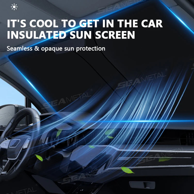 SEAMETAL Foldable Windshield Sun Shade in Silver with Reflective Material, Mirror Cutout and Wire Support, Small or Large Options for Parked Cars