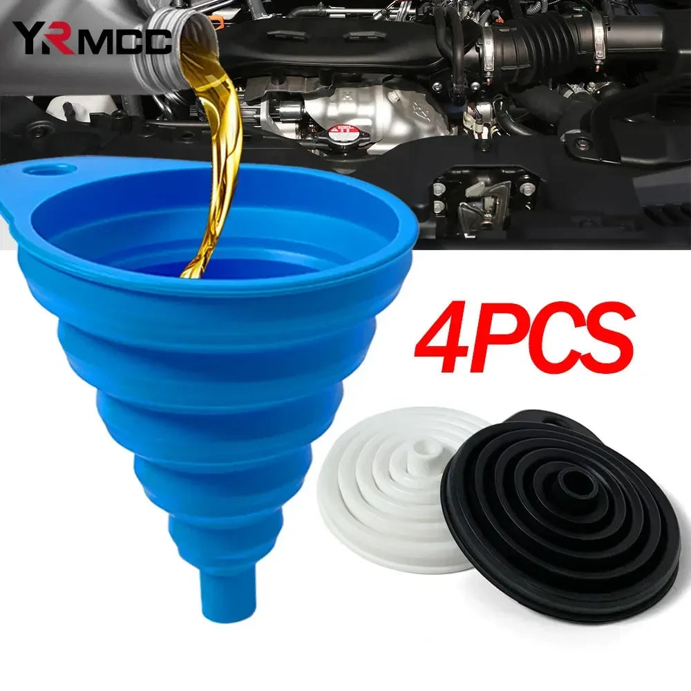 Collapsible Silicone Car Funnel for Compatible Liquid Transfer, Small 6cm or Large 8.5cm Width with 1, 2 or 4-Piece Choices and Foldable Garage Storage Design