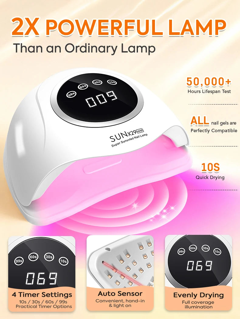 DianaBeauty Gel Curing Lamp Options with SUN X29 MAX Listed 90 LEDs, Infrared Sensor and Four Timers, Nine Model Labels and US, EU, AU or UK Plug Choices