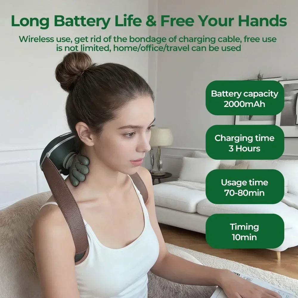 Kneading Neck and Shoulder Massager in Green with USB Type-C Option, Wireless Massage Shawl and Brushless Motor References for Adult Comfort Routines
