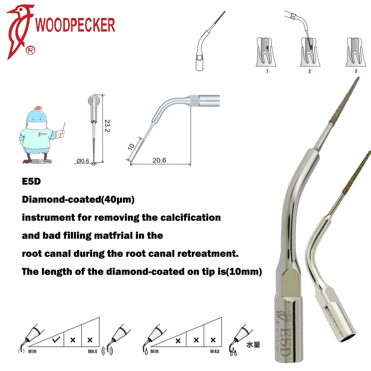 Ultrasonic Scaler Handpiece and Tip Options by Woodpecker, HW-5L LED Handpiece or P, E and G Series Tips for Compatible Dental Equipment