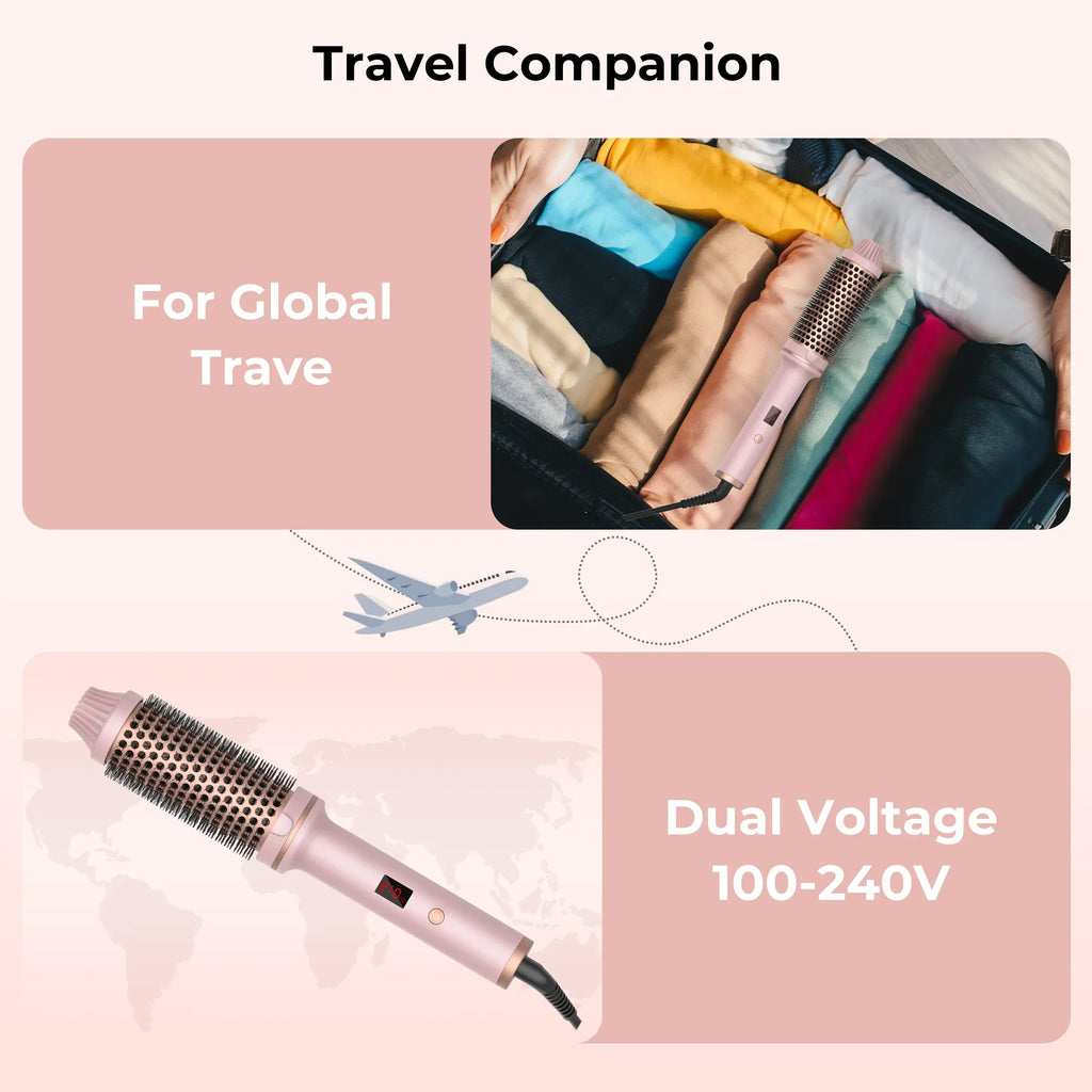 Heated Curling Brush with LCD Display and Listed 60-Minute Auto-Off, Black or Pink Thermal Hair Styler with Four Regional Plug Choices and No Hot-Air Function