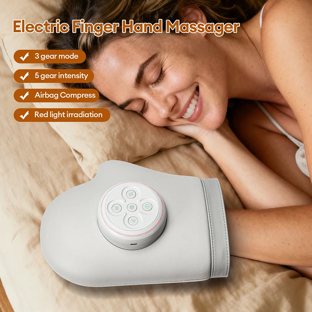 Electric Hand Massager in White with Air Compression, Three Listed Modes and Five Intensity Levels, 2000mAh Rechargeable Battery and 15-Minute Timer for Adult Relaxation