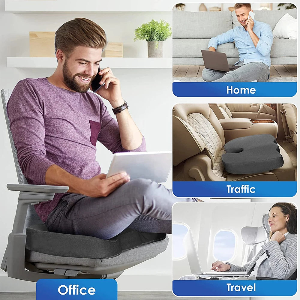 Memory Foam Seat Cushion with U-Shaped Cutout, Removable Mesh or Velour Cover and Non-Slip Bottom, Listed 45 x 35 x 7cm Pad for Office and Home Chairs