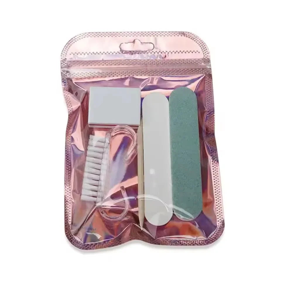 Manicure Prep Kit with Five Tools and Holographic Zipper Bag, Mini Nail File, Buffer, Cuticle Pusher, Cleaning Brush and Wooden Stick for Home and Travel