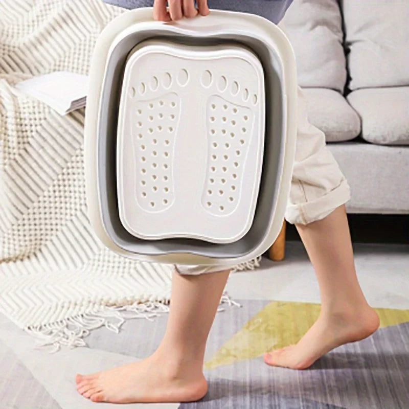 Collapsible Foot Bath Bucket in Green with Raised Circular Massage Dots and Listed Lid, Foldable Soaking Basin in No-Plug Option for Home Foot-Care Routines