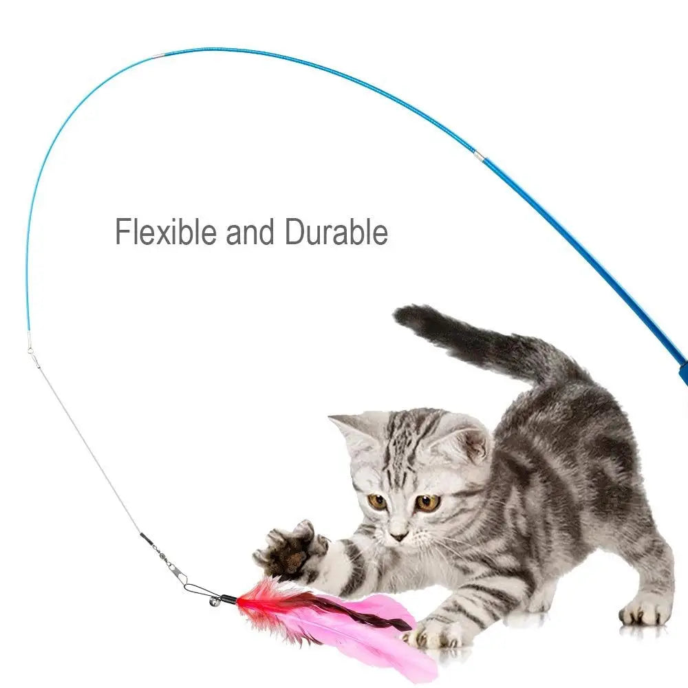 Retractable Cat Wand with Feather and Bell Teaser, Listed 37–97 cm Extendable Rod and 12-Piece Set Option for Supervised Indoor Chase and Batting Play