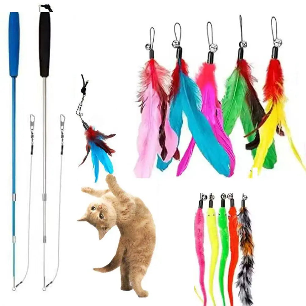 Retractable Cat Wand with Feather and Bell Teaser, Listed 37–97 cm Extendable Rod and 12-Piece Set Option for Supervised Indoor Chase and Batting Play