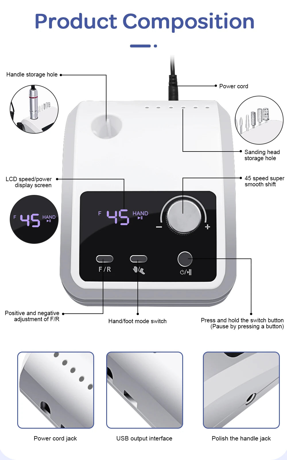 Rechargeable Nail Drill 204 with Listed 45,000 RPM Maximum, LCD Speed and Battery Display, Brushless Motor and Aluminum Alloy Body for Acrylic and Gel Filing