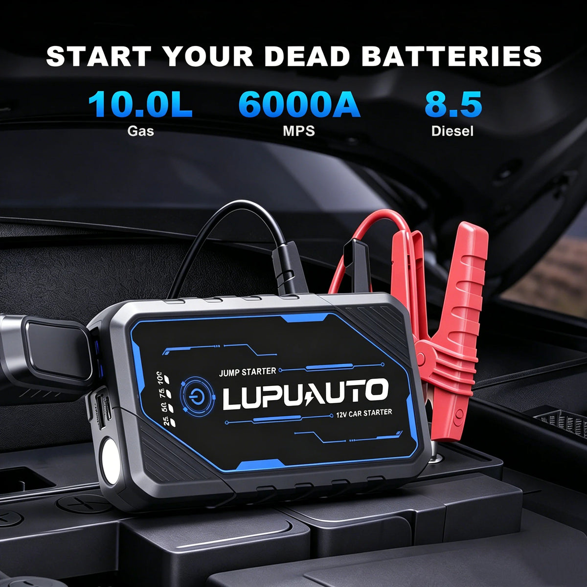 Car Jump Starter with Air Compressor and LED Light, 4000A Labeled Four-in-One Portable Unit with Power Bank Function and Listed 160 PSI Maximum Pressure