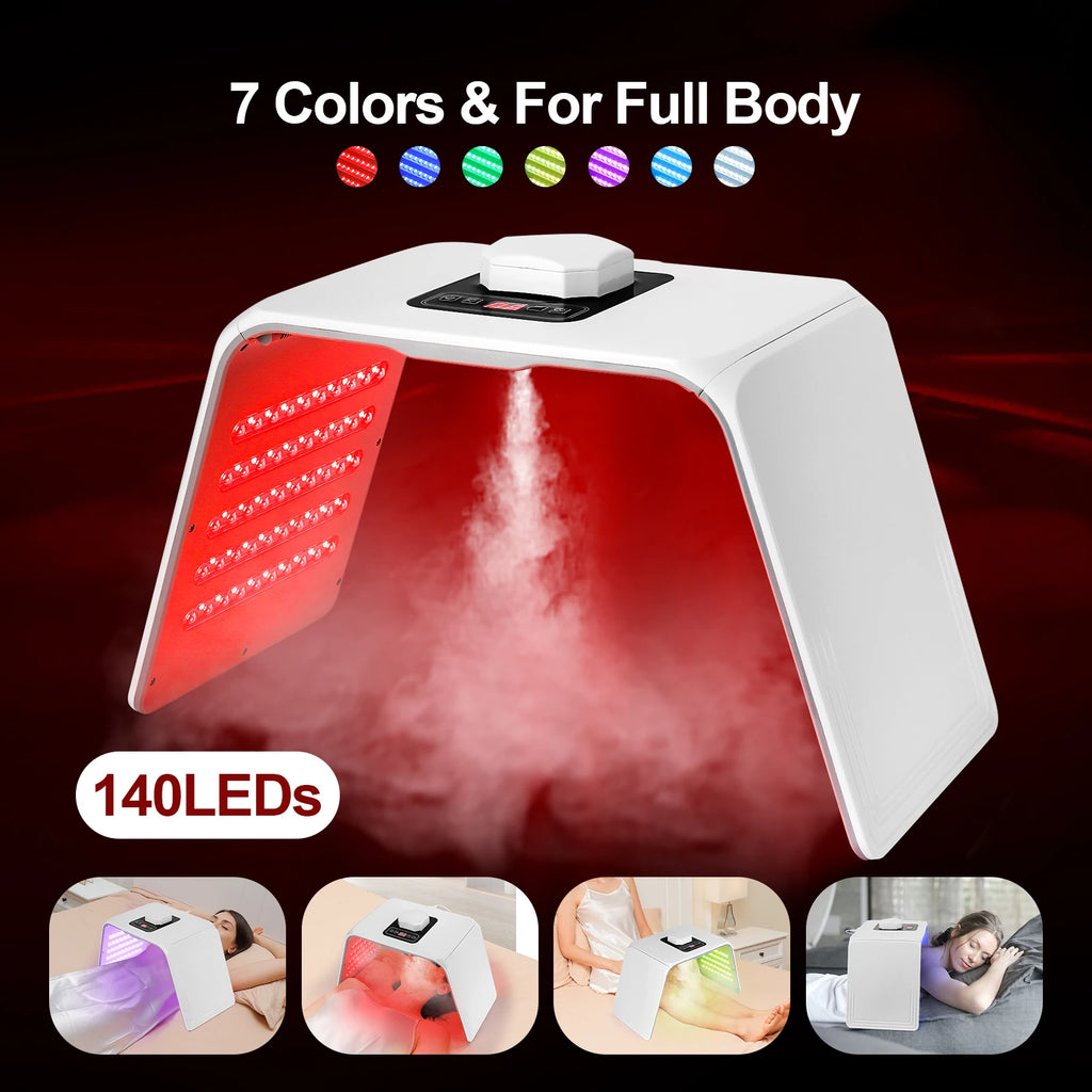 LED Facial Light Machine with Nano Spray, Seven Color Settings and 140 LEDs, 24W ABS Beauty Device with Adapter, Eye Protection and Four Plug Options