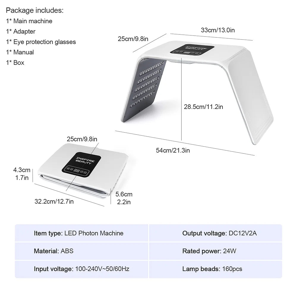 Foldable LED Facial Light Machine with 160 Listed LEDs and Seven Color Modes, 24W Face and Body Beauty Device with Eye Protection and Regional Plug Options