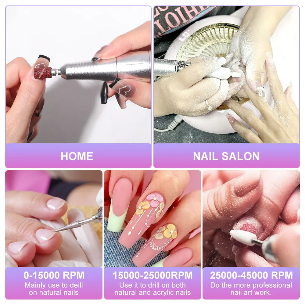 Portable Nail Drill V2 with Listed 45,000 RPM Adjustable Speed, 1800mAh Rechargeable Battery, LCD Display and Six Bits for Acrylic and Gel Manicures