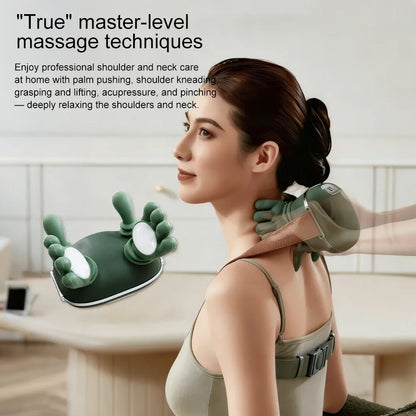 Green Rechargeable Neck and Shoulder Massager with Hands-Free Shawl Design, 3 Kneading Modes, USB Type-C Charging and 10-Minute Timer
