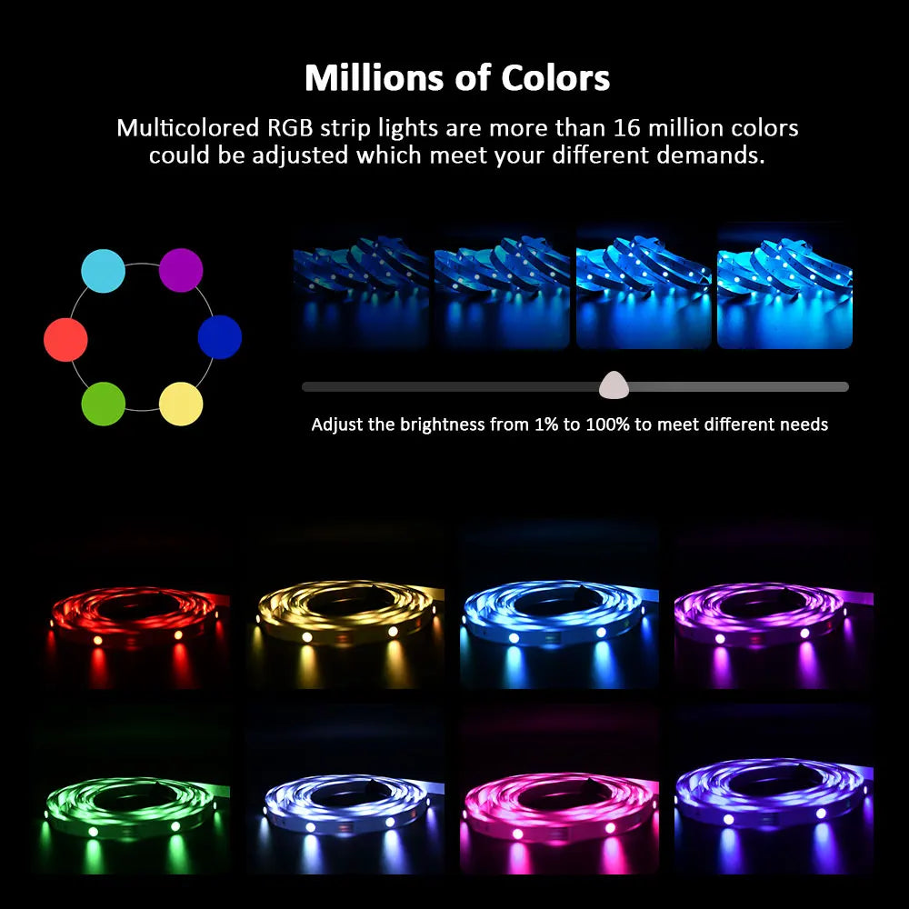 Music Sync RGB LED Strip Lights with 5V USB Power and Bluetooth 24key Option, Nine Lengths from 1m to 30m for Bedroom, TV and Party Accent Decoration