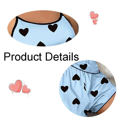 Women's Heart Print Pajama Set with Round Neck Top and Shorts, Polyester Summer Sleepwear for Relaxing at Home in Purple or Blue, Sizes M to XL