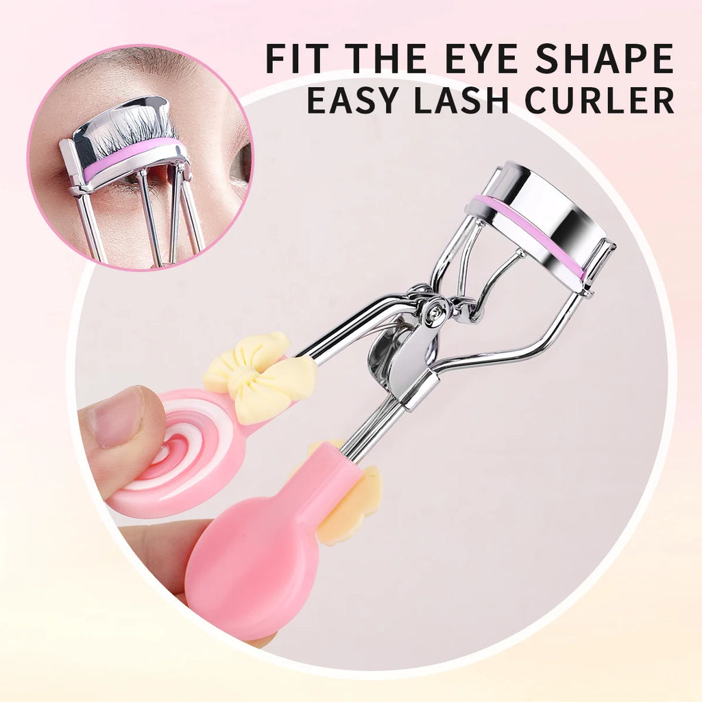 Lollipop Handle Eyelash Curler for Beginner Makeup Routines, Pink or Yellow Lash Curling Tool with Replaceable Strip Design and 1/6/16pcs Options