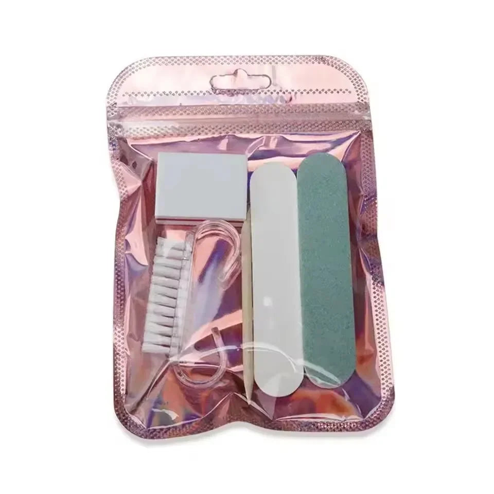Manicure Prep Kit with Five Tools and Holographic Zipper Bag, Mini Nail File, Buffer, Cuticle Pusher, Cleaning Brush and Wooden Stick for Home and Travel