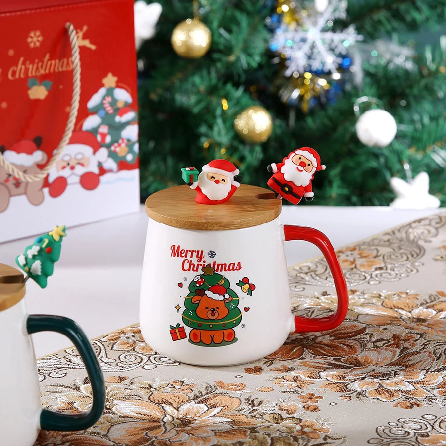 Christmas Ceramic Coffee Mug with Lid, Spoon and Gift Box, 400ml Holiday Cup in Santa Claus, Snowman, Christmas Gift or Christmas Deer Designs