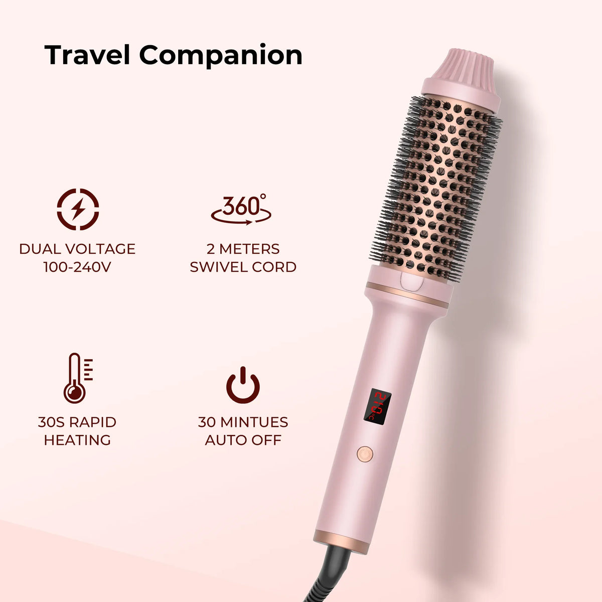 Heated Curling Brush with LCD Display and Listed 60-Minute Auto-Off, Black or Pink Thermal Hair Styler with Four Regional Plug Choices and No Hot-Air Function
