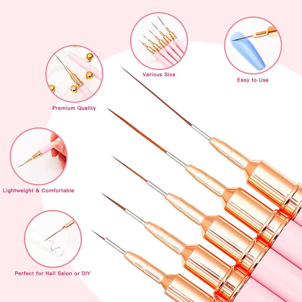 Nail Striping Brush Set, 5 Nail Art Liner Brushes in 7, 9, 11, 15 and 25mm Sizes for Fine Lines, Delicate Patterns and DIY or Salon Manicures
