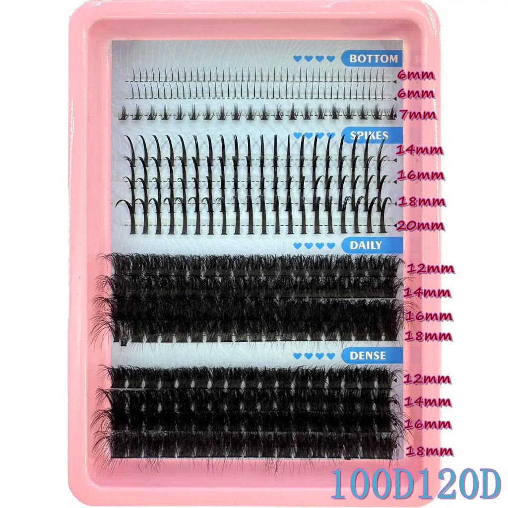 Spiky Manga Lash Clusters with Bottom Lash References, Individual False Eyelashes in 15-Row and 16-Row Style Selections with D or dd Curl and MIX Length Labels